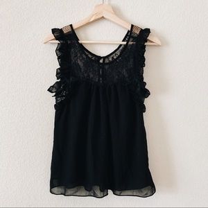 Black Lace Ruffle Sleeveless Tank Blouse